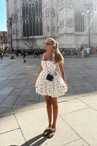 Vintage Polka Dot Puffball Mini Dress  Halter Neck Tie-Back &  Built-In Underskirt