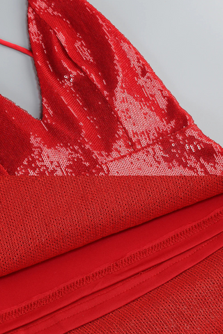 Red Sequin Plunge V-Neck Backless Long Dress