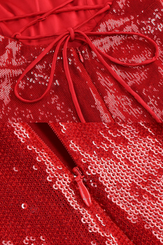 Red Sequin Plunge V-Neck Backless Long Dress