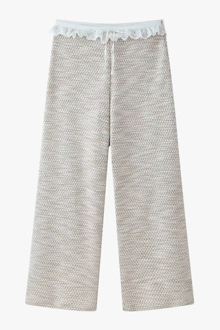 Textured Tweed Lace Trim Sleeveless Crop Top & Wide Leg Pants Set