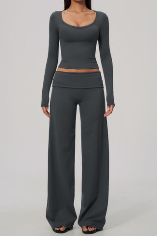 Scoop Neck Long Sleeve Top & Foldover Wide-Leg Pants Set