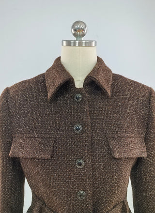 Textured Tweed Long Sleeve Belted Peplum Blazer