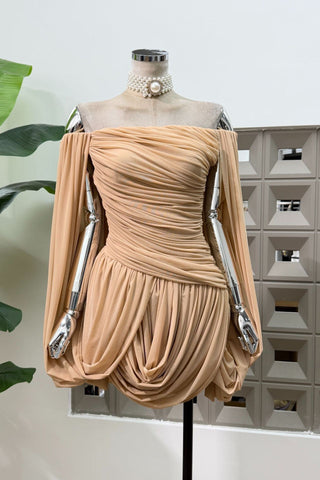 Romantic Draped Off-Shoulder Mini Dress with Sheer Sleeves & Sculpted Fit