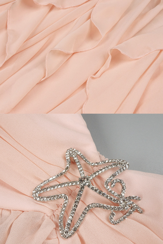 Strapless Ruffle Chiffon Long Dress with Rhinestone Starfish Brooch Backless, Layered Flowing Skirt