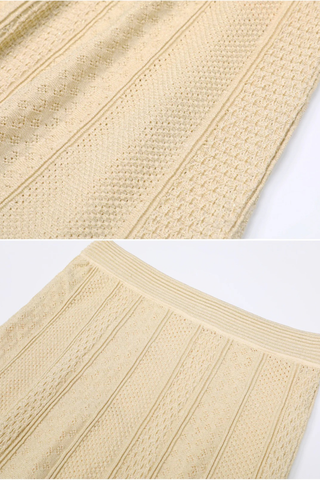 Two-Piece Textured Knit Set – Pearl-Button Cardigan & Flared Maxi Skirt