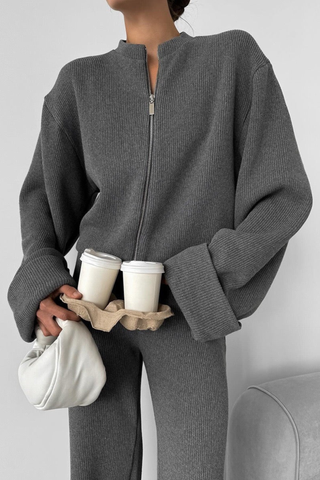 Ribbed Long Sleeve Zip Jacket & Relaxed Pants Co-Ord Set