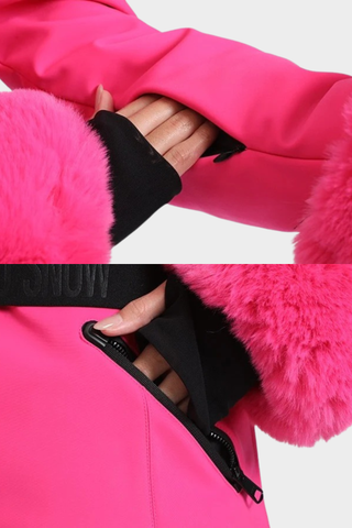 Tailored Ski Jacket with Belted Waist, Fur Details, and Long-Sleeve Design