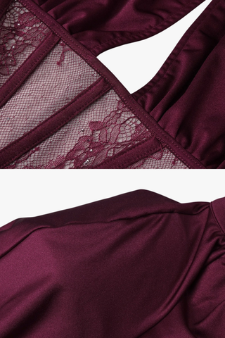 High-Neck Long Sleeve Corset Dress with Lace Panel & Ruched Skirt