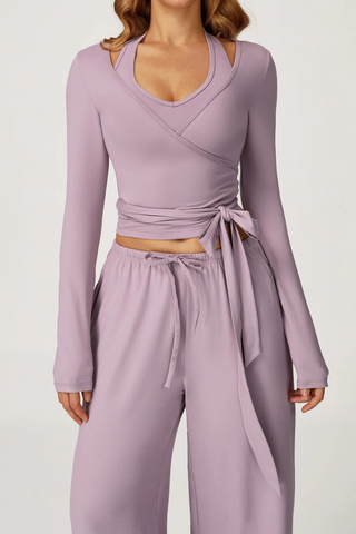 3-Piece Sport Wrap Lounge Set with Long Sleeve Crop Top, Halter Tank, and Wide-Leg Pants