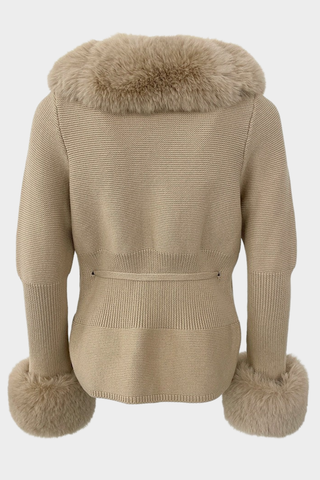 Long Sleeve Knitted Jacket with Faux Fur Trim – Tie-Front Design
