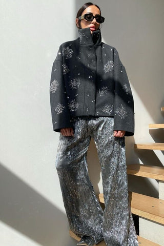 Embellished Wool Short Jacket – Grey High Neck Coat with Crystal Beads & Sequins