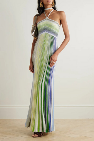 Halter Neck Contrast Stripe Pleated Long Dress