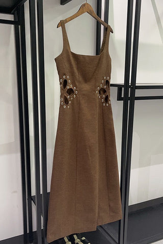Statement Cut-Out Linen Blend Long Dress with Metal Eyelet Details