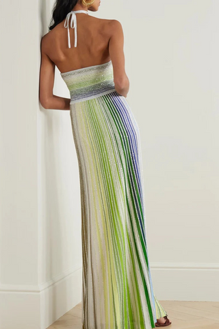 Halter Neck Contrast Stripe Pleated Long Dress