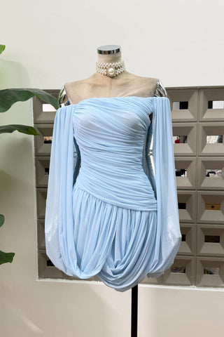 Romantic Draped Off-Shoulder Mini Dress with Sheer Sleeves & Sculpted Fit