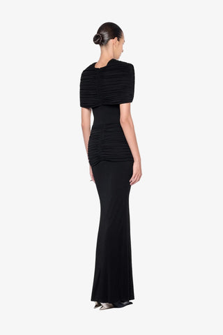 Ruched Cape Sleeve Metal Detail Fitted Long Dress