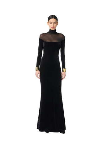 Velvet Mesh High Neck Long Dress – Long Sleeve Evening Gown