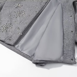 Embellished Wool Short Jacket – Grey High Neck Coat with Crystal Beads & Sequins