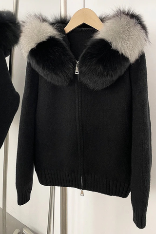 Faux Fur Trimmed Knitted Hooded Cardigan