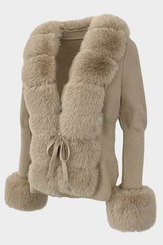 Long Sleeve Knitted Jacket with Faux Fur Trim – Tie-Front Design