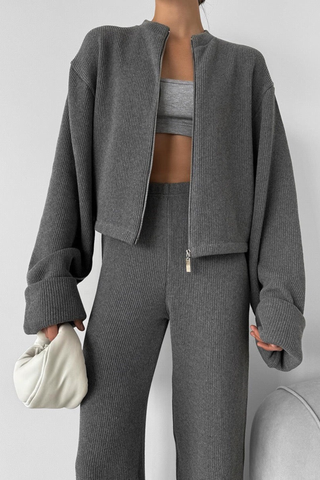 Ribbed Long Sleeve Zip Jacket & Relaxed Pants Co-Ord Set