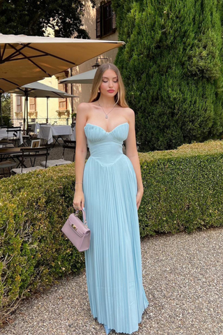 Icy Pleats Strapless Long Dress