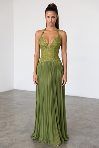 Lace Corset Halter Neck Pleated Long Dress with Lace-Up Back
