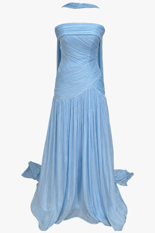 Scarf Neck Draped Pleated Chiffon Strapless Long Dress