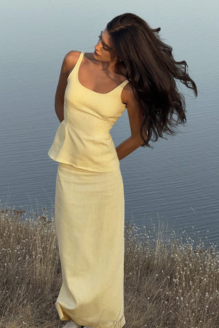 Sleeveless Linen-Blend Peplum Top & Long Skirt Co-Ord Set with Lace-Up Back