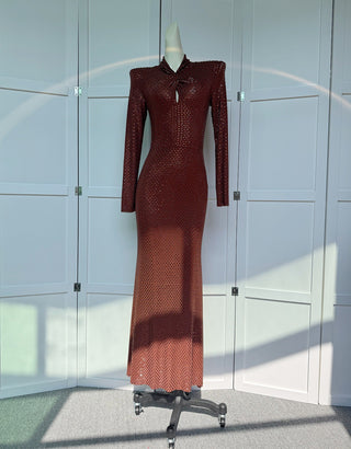 Sparkling Draped High-Neck Structured Shoulder Long Dress