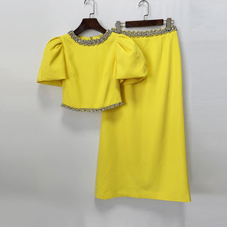 Puff Sleeve Cropped Top & High-Waist Long Skirt Set with Jeweled Details