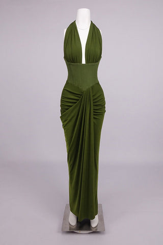 Halter Neck Corset Sleeveless Long Dress with Draped Slit