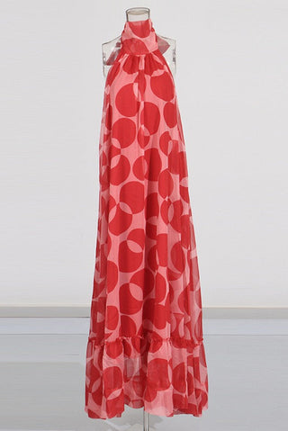 Sleeveless Halter Neck Open-Back Printed Chiffon Long Dress with Ruffle Hem