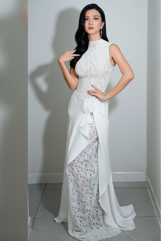 Sleeveless High Neck Lace & Draped Satin Rosette Long Dress