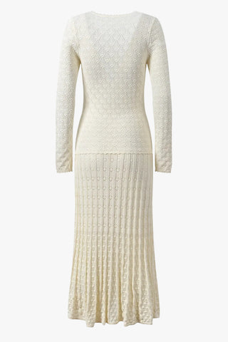 Textured Knit Button-Front Long Dress with V-Neck and Long Sleeves