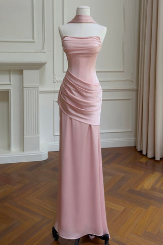 Satin Draped Corset Long Dress with Scarf – Elegant Strapless Design