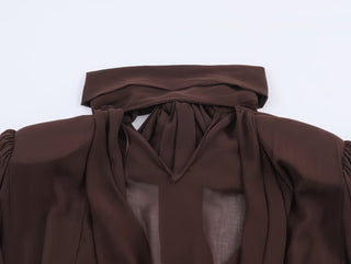 Long Sleeve Tie-Neck Mini Dress in Structured Woven Fabric