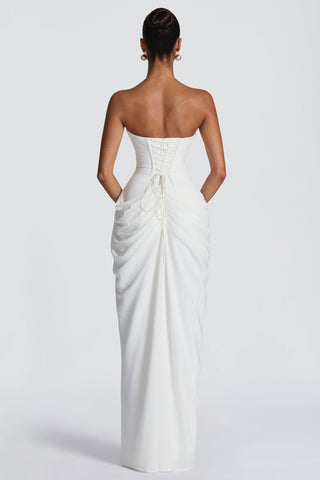 Strapless Ruched Long Dress with High Slit – Draped Waist & Smooth Fit