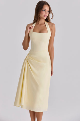 Halter Neck Midi Dress – Draped Waist & Open Back