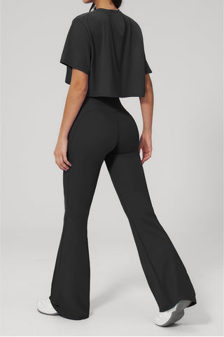 Short Sleeve Crop Top & High Waist Flared Pants Set – Snatched Fit, Made to Move