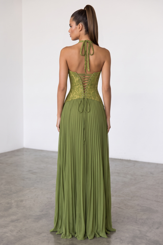 Lace Corset Halter Neck Pleated Long Dress with Lace-Up Back