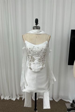 Embellished Satin Corset Mini Dress with Lace Gloves & Scarf