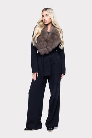 Plush Faux Fur Collar Belted Long-Sleeve Jacket