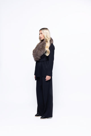 Plush Faux Fur Collar Belted Long-Sleeve Jacket