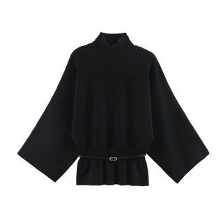Belted Mock Neck Knit Sweater with Wide Sleeves