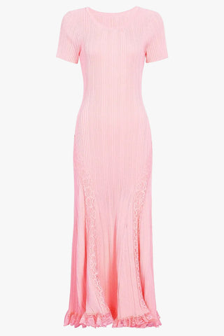 Ribbed Knit Round Neck Short Sleeve Long Dress with Lace Panels & Ruffle Hem