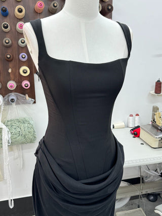 Structured Corset Back Long Dress with Draped Silhouette