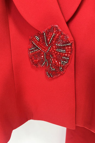 Long-Sleeve Crepe Peplum Blazer and Wide-Leg Pants Set with Beaded Brooch Detail