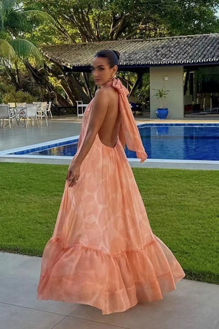 Sleeveless Halter Neck Open-Back Printed Chiffon Long Dress with Ruffle Hem