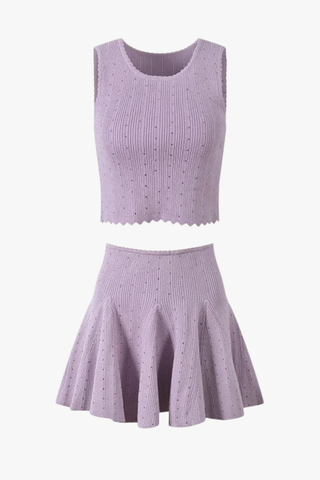 Ribbed Knit Top & Skater Skirt Set – Rhinestone Embellishments, Scalloped Trim & Flared Mini Skirt